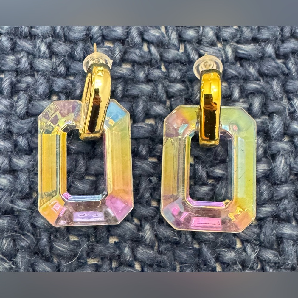 Emerald-Shape Iridescent Clear Earrings with Gold Tone